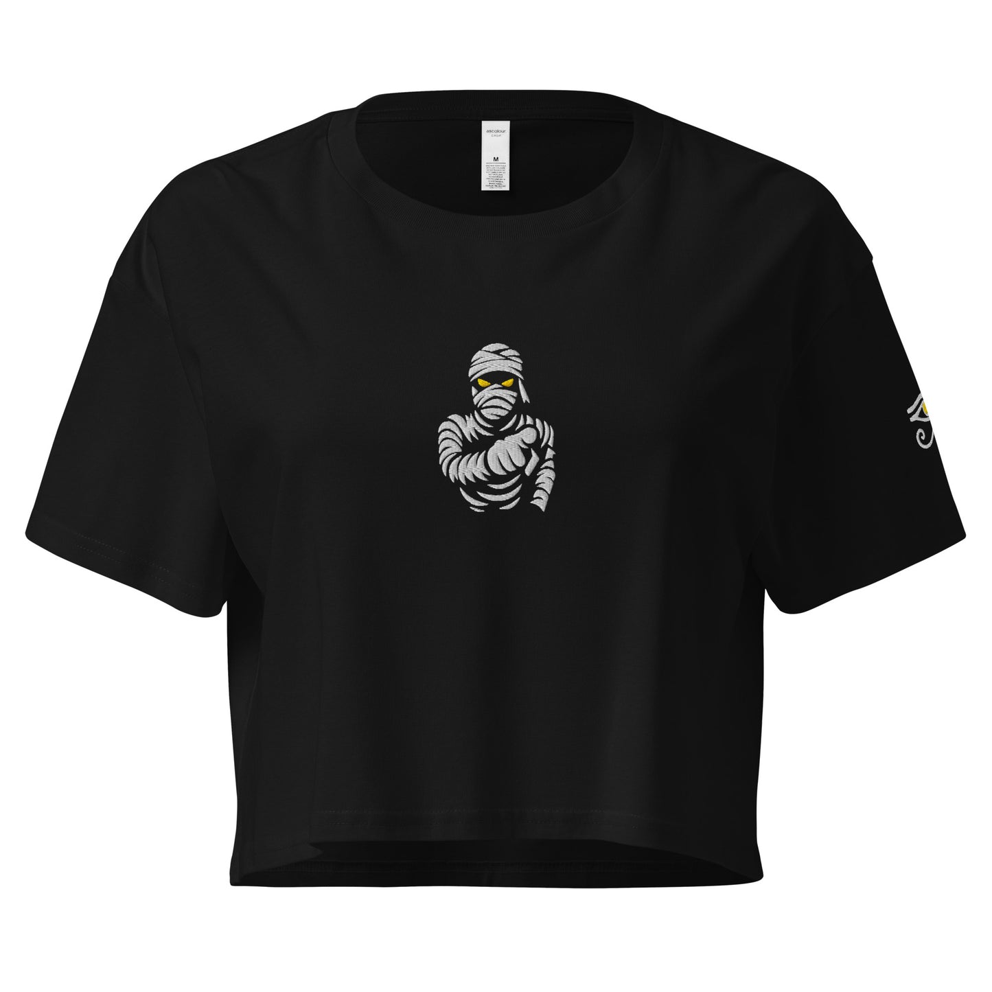 Crop top para mujer. Bordado de momia y Ojo de Osiris + Impresión trasera. The Curse of the Black Valley. - PULP SPECTER